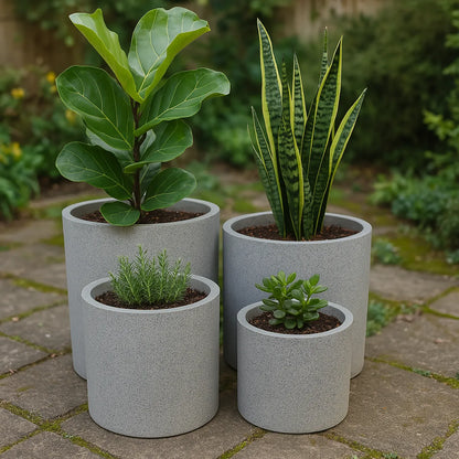 Luxe Concrete Grey Round Terrazzo Planters - Large Set / Individual Pots